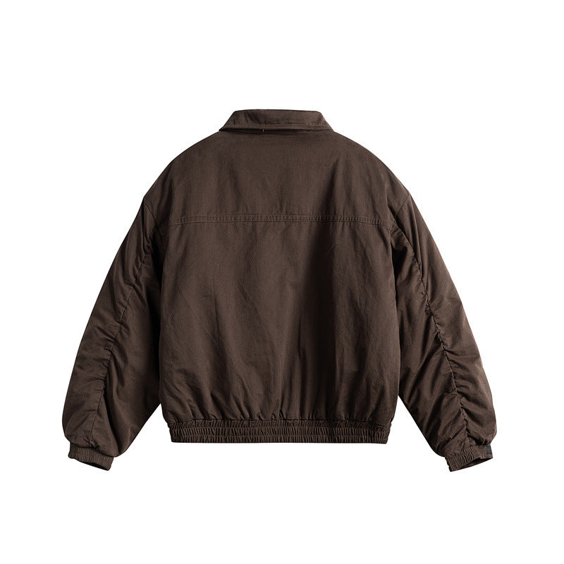 Men's short boxy blouson with shirt collar, utility chest pockets, and elastic hem EVA-US