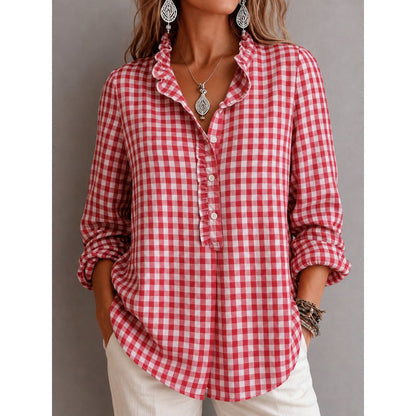 Women's Checkered Blouse Top with Ruffled Collar and Half Button Placket EVA-US