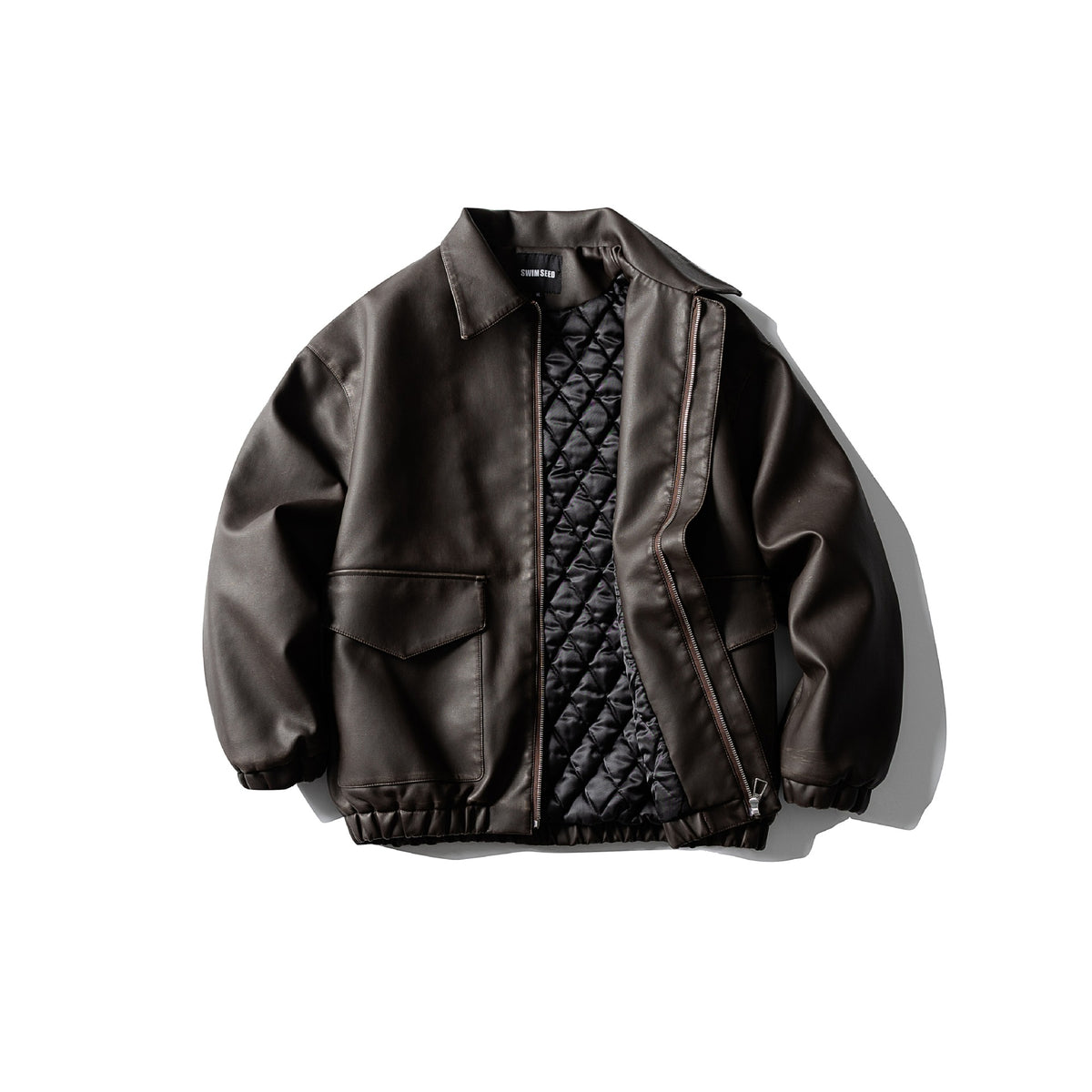 Men's Oversized Faux Leather Bomber Jacket with Flap Pockets, Concealed Closure and Elastic Hem EVA-US