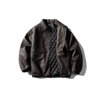 Men's Oversized Faux Leather Bomber Jacket with Flap Pockets, Concealed Closure and Elastic Hem EVA-US
