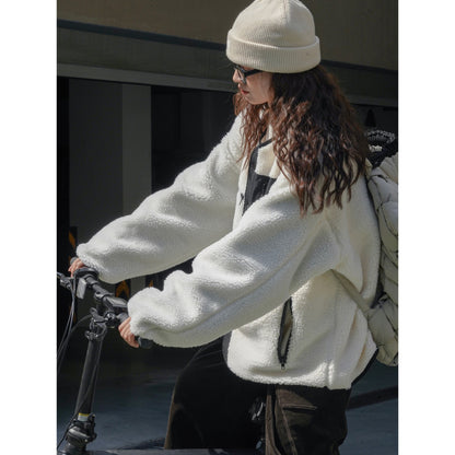 Women's Padded Teddy Fleece Jacket with Contrasting Front Panel and Patch Pockets EVA-US