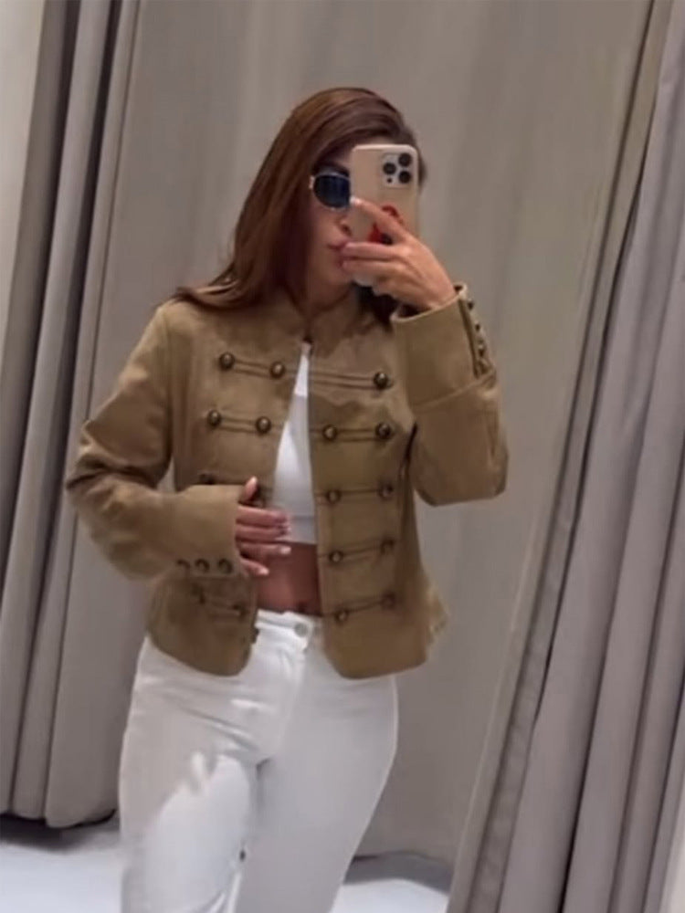 Women's tailored military jacket made of wool blend with stand-up collar and double button placket EVA-US