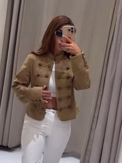 Women's tailored military jacket made of wool blend with stand-up collar and double button placket EVA-US