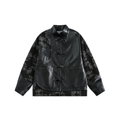 Unisex faux leather bomber jacket with paisley sleeves and toggle closures EVA-US