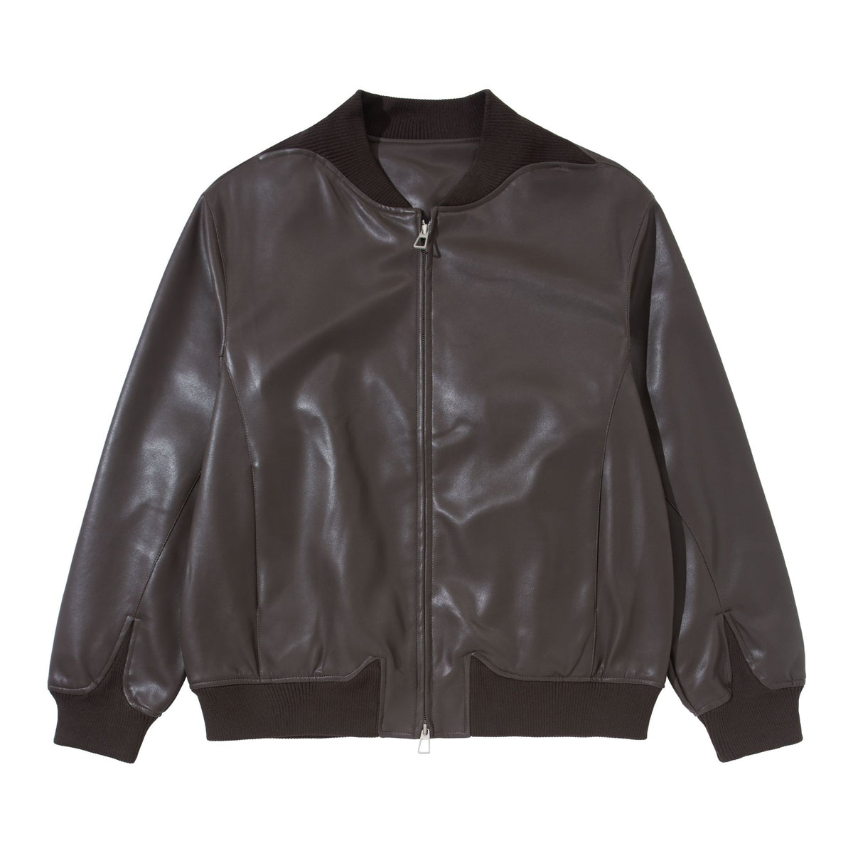 Men's smooth leather bomber jacket with concealed front and elastic ribbed cuffs