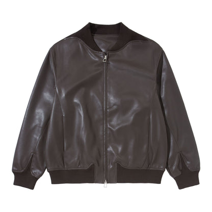 Men's smooth leather bomber jacket with concealed front and elastic ribbed cuffs