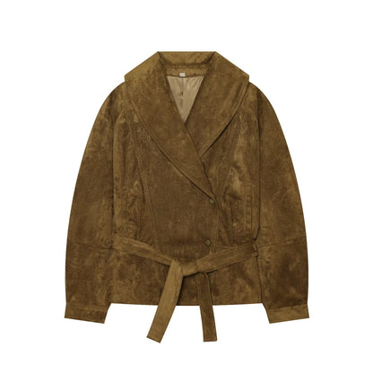 Women's Tailored Velvet Look Wrap Coat with Shawl Collar and Tied Belt EVA-US