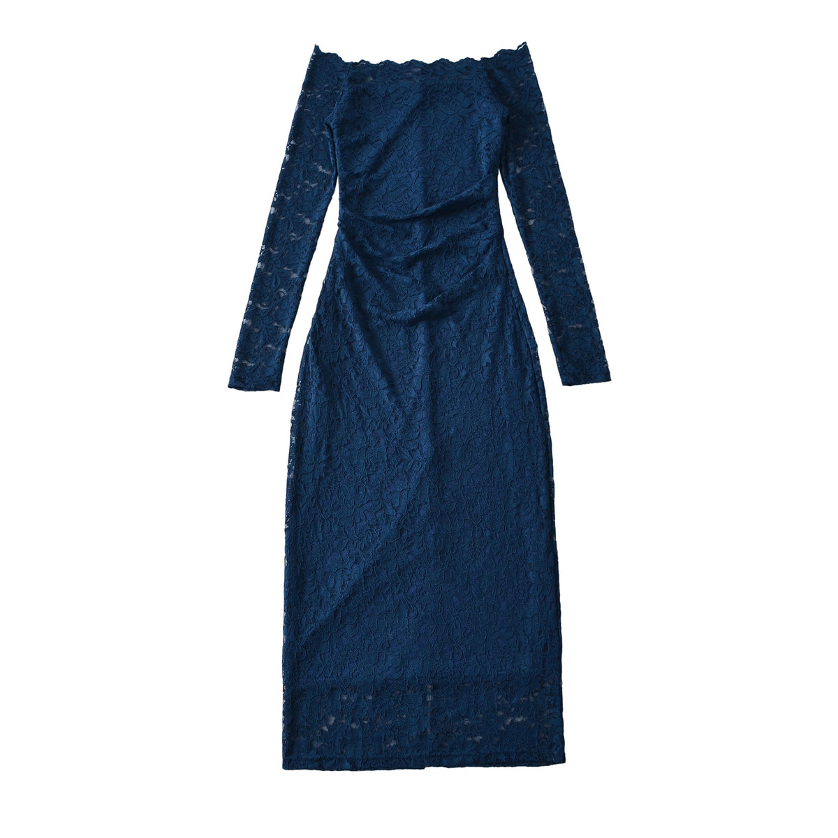 Women's Off-Shoulder Lace Dress with Waist Gather and Long Sleeve