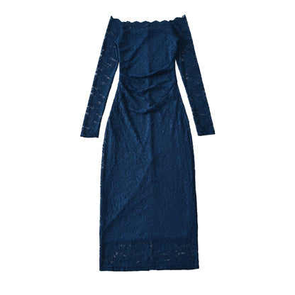 Women's Off-Shoulder Lace Dress with Waist Gather and Long Sleeve