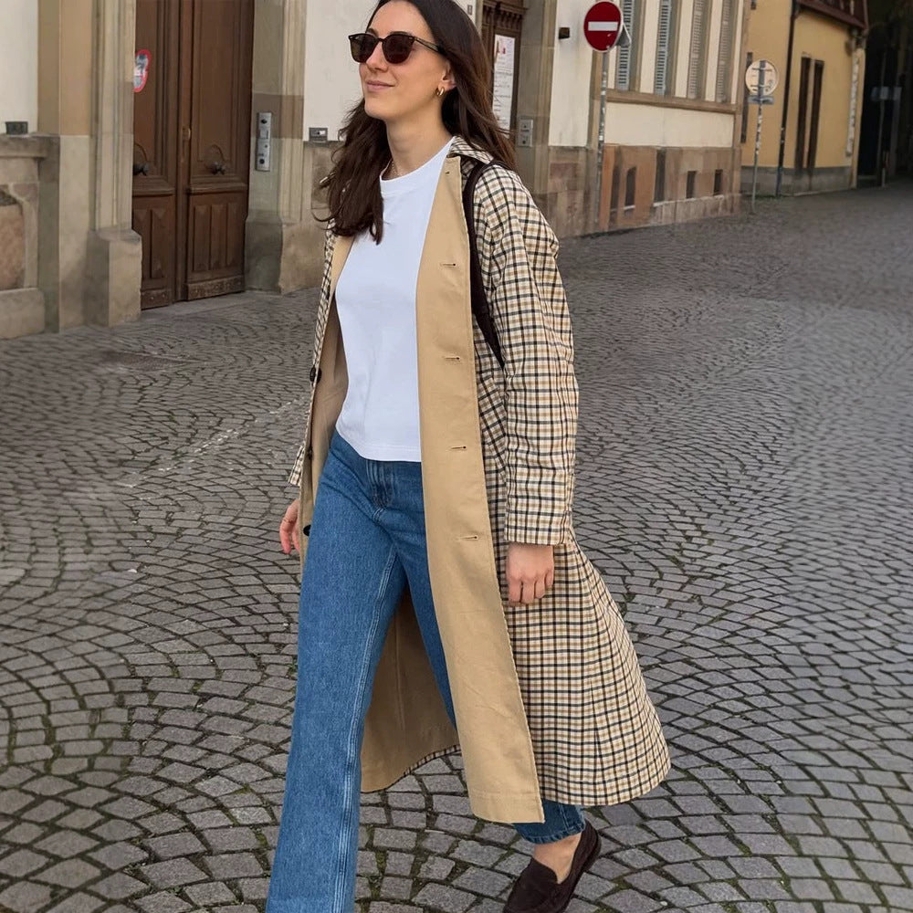 Women's Maxi Length Checked Wool Blend Coat with Straight Silhouette EVA-US