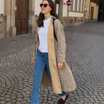 Women's Maxi Length Checked Wool Blend Coat with Straight Silhouette EVA-US