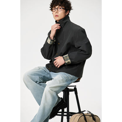 Men's Short-Cut Canvas Field Jacket with Cord Collar and Concealed Snap Placket EVA-US
