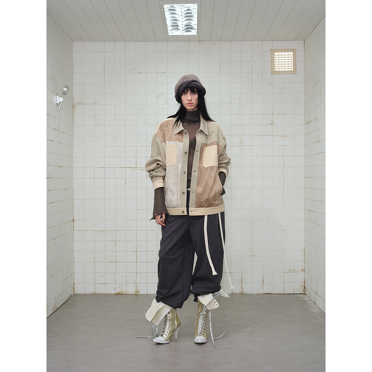 Men's Patchwork Canvas Blouson Jacket in Vintage Look with Contrast Pockets and Paisley Lining EVA-US