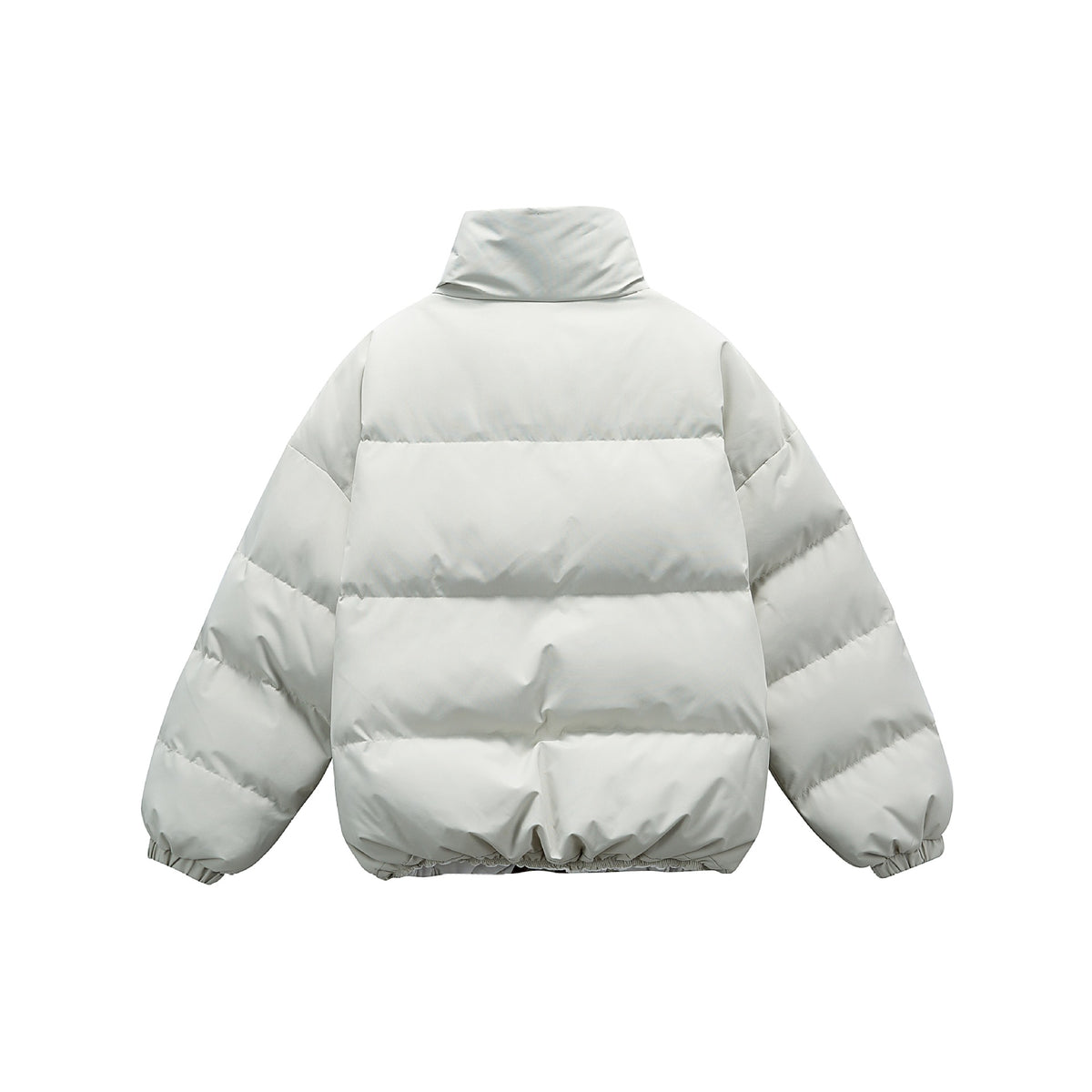 Unisex short boxy padded insulation jacket with extra high stand-up collar and checked lining EVA-US