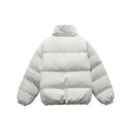 Unisex short boxy padded insulation jacket with extra high stand-up collar and checked lining EVA-US