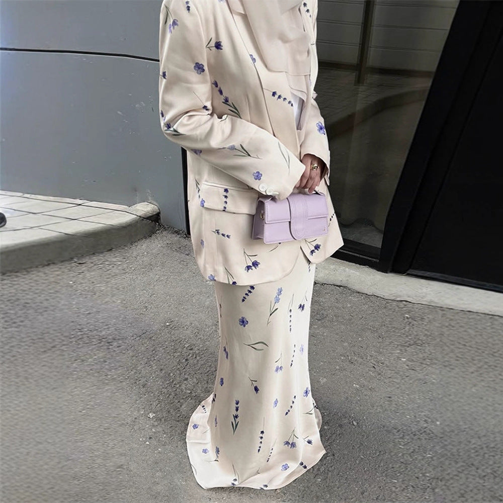 Women's Two-Piece Satin Suit with Floral Maxi Skirt and Oversized Blazer EVA-US
