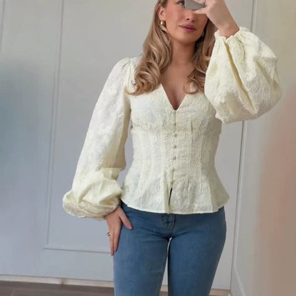 Women's Tailored Lace Blouse in Corset Style with V-Neck, Button Placket and Balloon Sleeves EVA-US