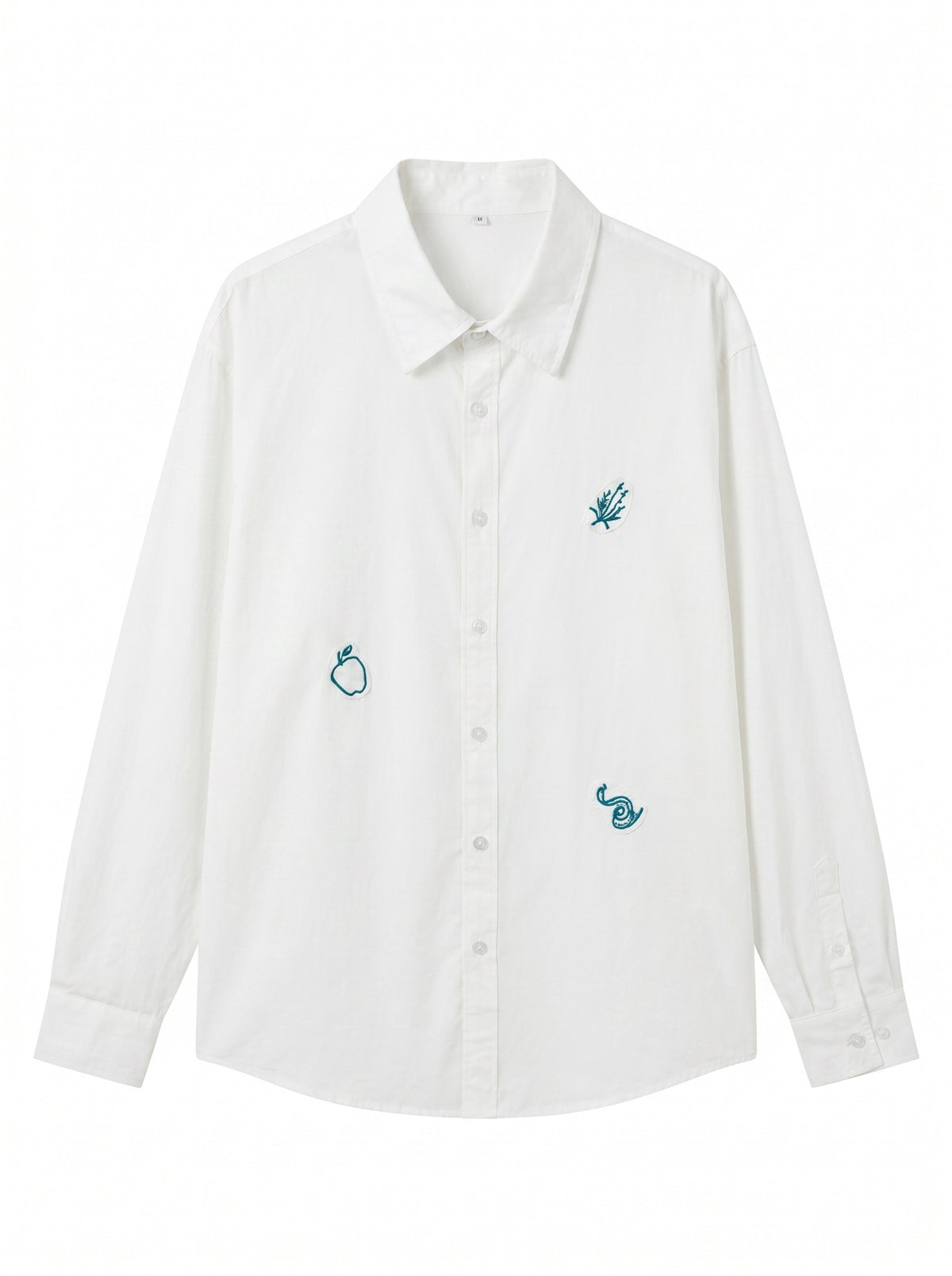 Women's oversized shirt blouse with fine embroidery appliqués and elongated hem down