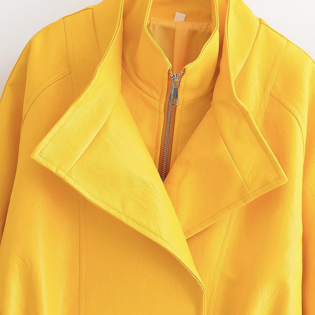 Women Short Faux Leather Jacket with Asymmetrical Lapel and Tailored Drawstring EVA-US