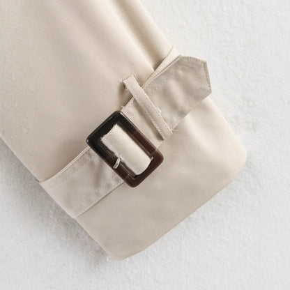 Women's Short Double-Breasted Waist Belt Trench Coat with High Funnel Collar and Shoulder Straps EVA-US