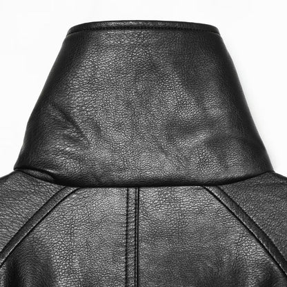 Women's Short Faux Leather Jacket with High Stand Collar, Double-Breasted and Drawstring Waist EVA-US
