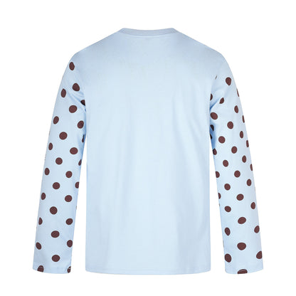 Women Long Sleeve Statement Shirt with Polka Dot Sleeves and Number Print EVA-US