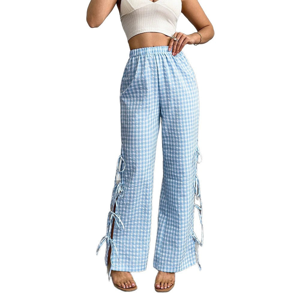 Women High-Waist Linen-Look Pants with Gingham Check, Wide Leg & Side Tie Details EVA-US