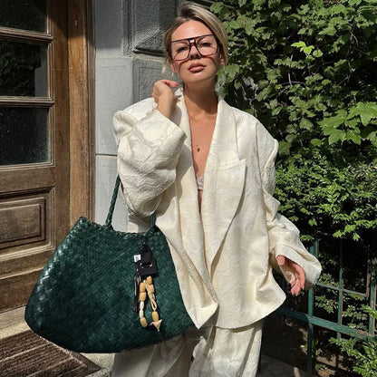 Women's Two-Piece Jacquard Pants Set with Oversize Boxy Blazer and High-Cut Palazzo Pants EVA-US