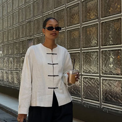 Women's Boxy Linen Blouse with Toggle Closures and Asymmetrical Hem EVA-US