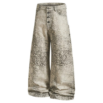 Women High-Waisted Balloon Jeans in Animal Print with Wide Culotte Cut and Button Placket EVA-US
