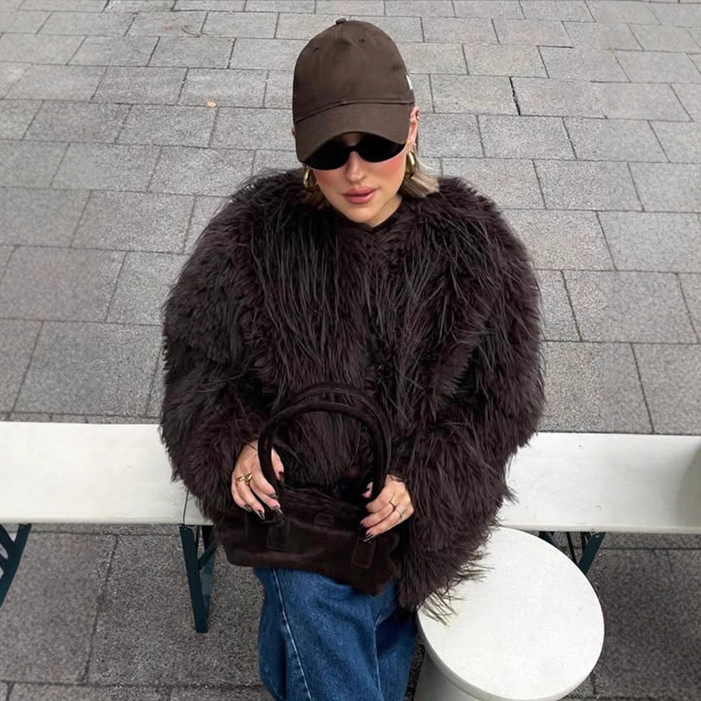 Ladies short jacket made of long-pile shaggy faux fur with hidden snap button placket EVA-US
