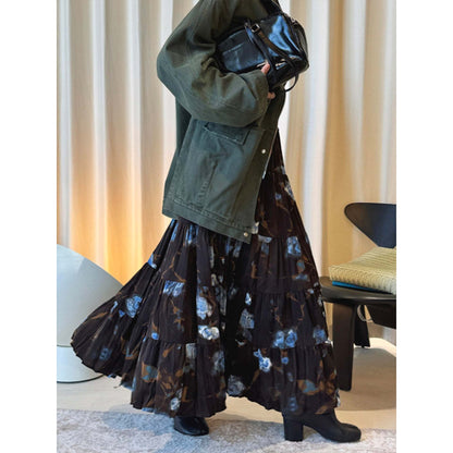 Ladies Maxi Tiered Skirt made of pleated chiffon with abstract floral print EVA-US
