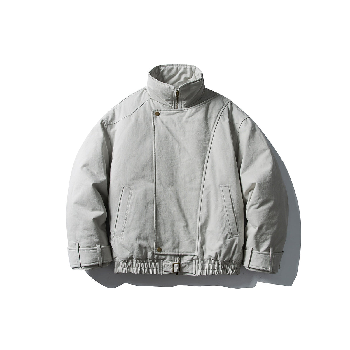 Men's Volume Stand Collar Bomber with Asymmetric Front Flap and Waist Buckle EVA-US