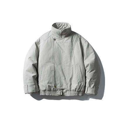 Men's Volume Stand Collar Bomber with Asymmetric Front Flap and Waist Buckle EVA-US