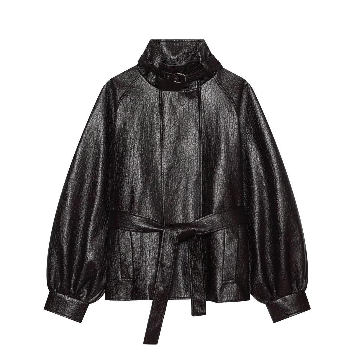 Women's short jacket made of faux leather with high buckle collar and waist belt EVA-US