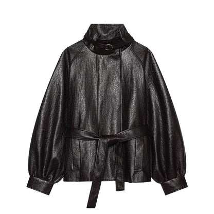 Women's short jacket made of faux leather with high buckle collar and waist belt EVA-US
