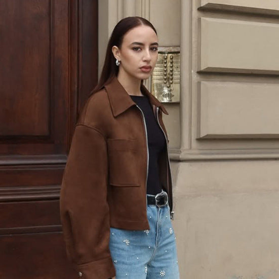 Ladies Short Suede Look Jacket with Zipper and Oversized Sleeves EVA-US