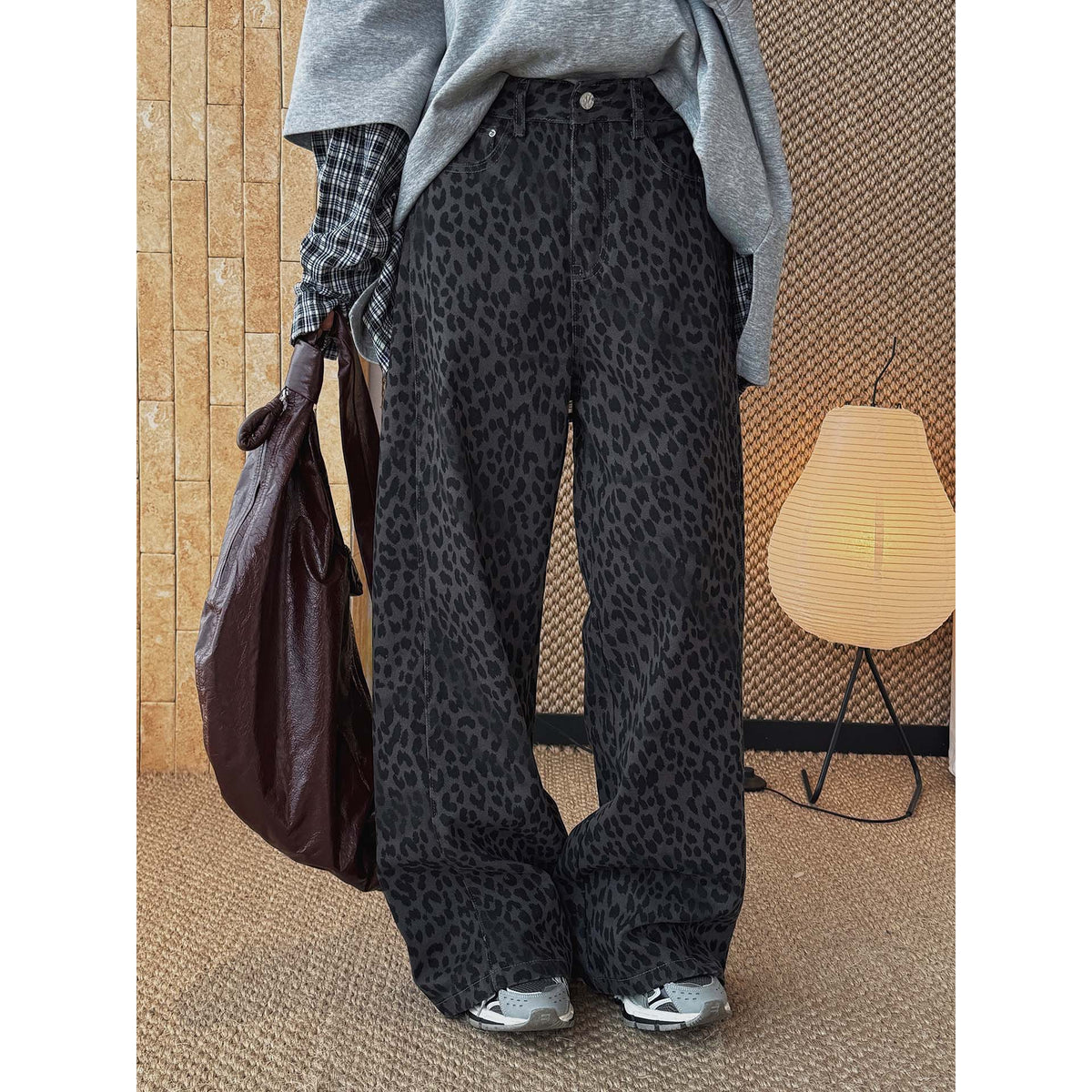 Women Wide High-Waist Palazzo Pants in Leopard Print with Relaxed Fit and High Waist EVA-US