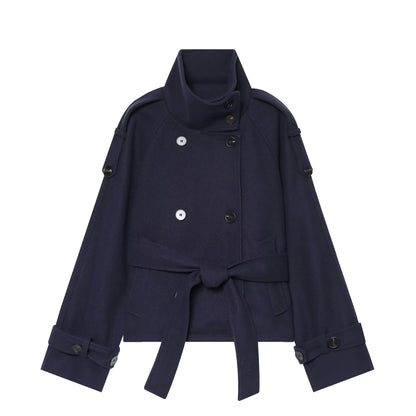 Ladies short cape jacket made of wool blend with high standing collar, double-breasted and tie belt EVA-US