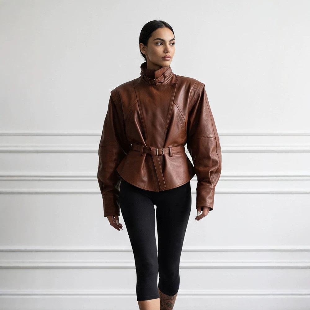 Women Tailored Faux Leather Jacket with Stand Collar, Neck Strap and Figure-Shaping Waist Belt EVA-US