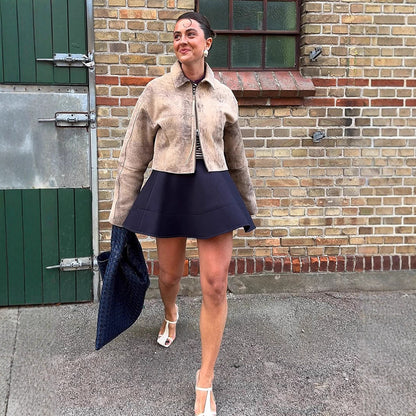 Women's short cut suede jacket in used look with extra long sleeves and two-way zipper EVA-US