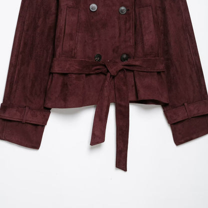 Women's short trench coat in suede look with high stand-up collar and tie belt EVA-US