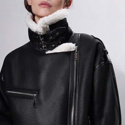 Women's Oversized Biker Jacket with Teddy Fur Lining and Adjustable Belts EVA-US