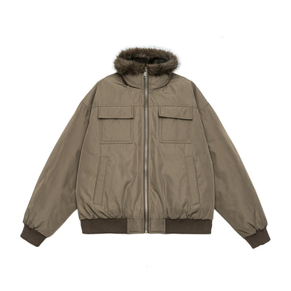 Men's Quilted Short Bomber Jacket with Removable Faux Fur Hood and Patch Front Pockets EVA-US