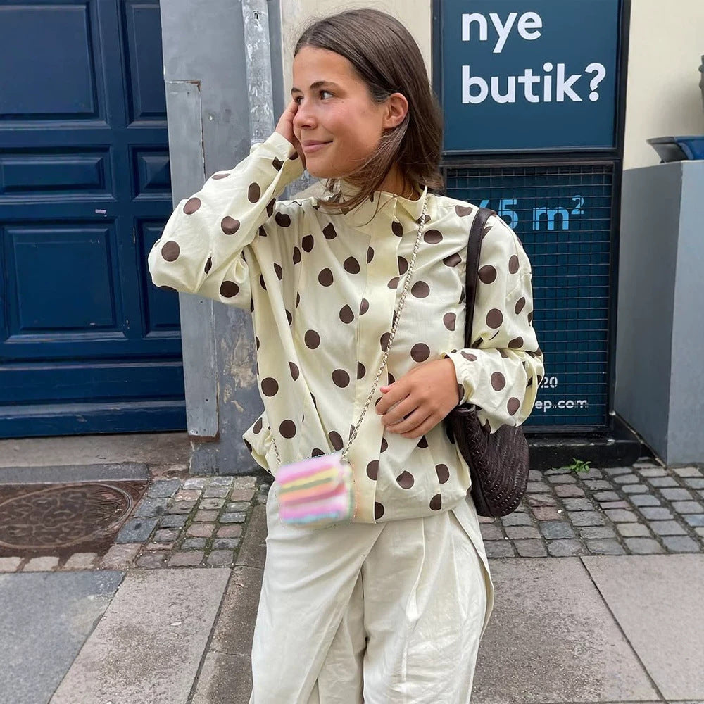 Women's Boxy Shirt Jacket with Stand Collar, Balloon Sleeves, and Large Polka Dot Print EVA-US