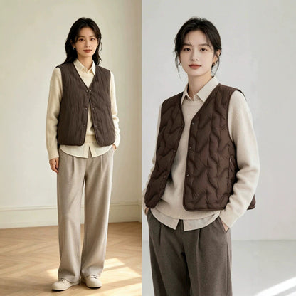 Women’s lightly padded quilted vest with V-neck and press studs EVA-US