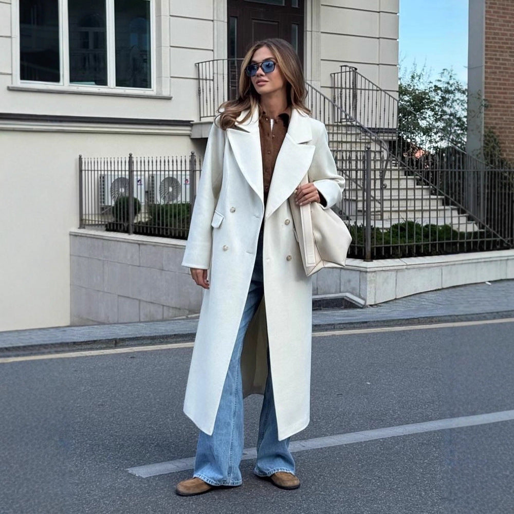 Women's Mid-length Double-breasted Wool Blend Coat with Distinctive Lapels and Tailored Fit EVA-US