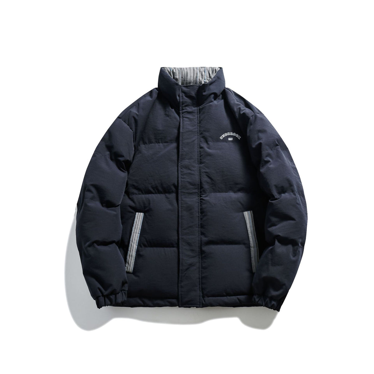 Unisex Short Cut Padded Puffer Jacket with High Stand-Up Collar and Striped Pocket Flaps EVA-US