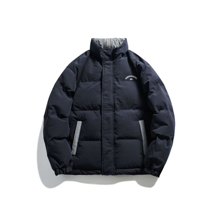 Unisex Short Cut Padded Puffer Jacket with High Stand-Up Collar and Striped Pocket Flaps EVA-US