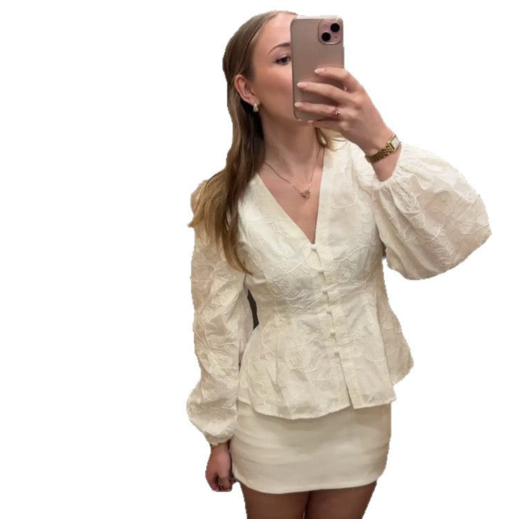 Women's Tailored Lace Blouse in Corset Style with V-Neck, Button Placket and Balloon Sleeves EVA-US